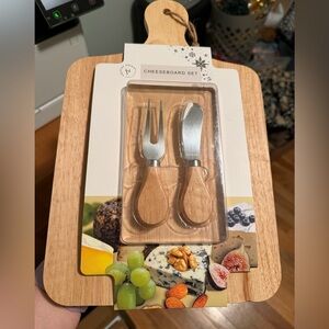 Natural Wood Cheese Board Set with Silver Utensils